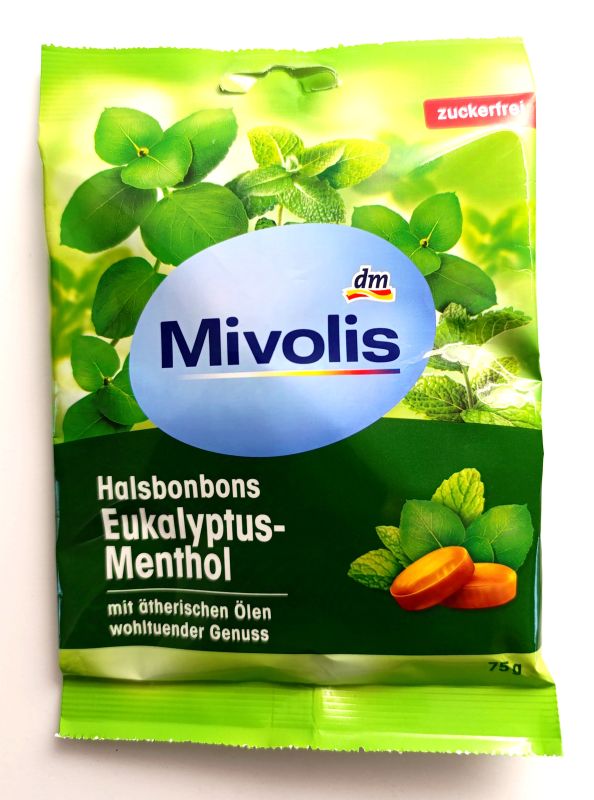 Льодяники Mivolis Міволіс від болю в горлі з евкаліптовим, ментолом, без цукру, 75 г Німеччина