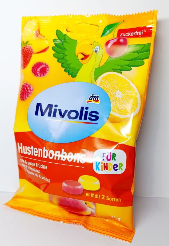 Міволіса фруктові льодяники від кашлю для дітей з 7 вітамінами без цукру, 75 г Mivolis Німеччина