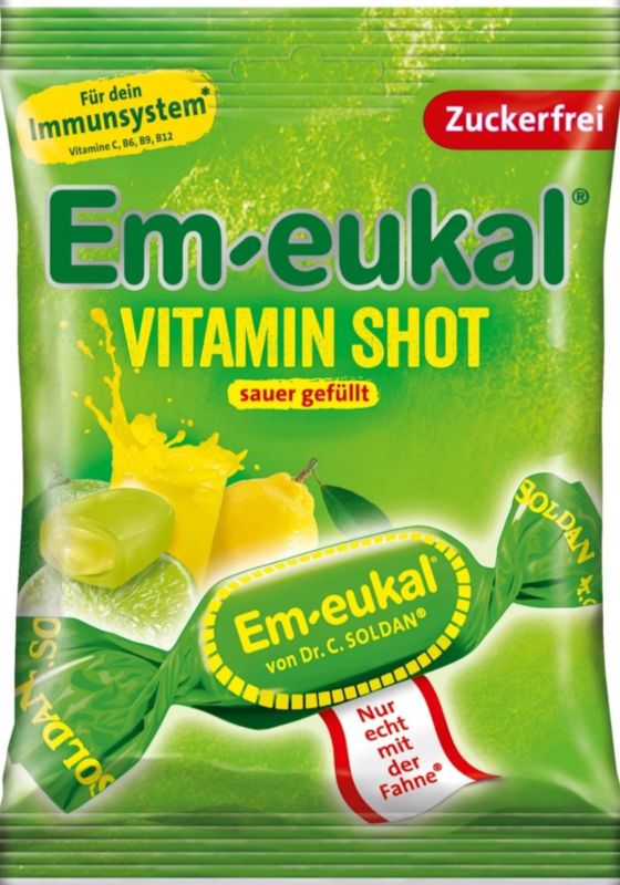 Льодяники Em-eukalVitamin-Shot фруктові з 10 вітамінами для імунітету бадьорості, 75 г Dr.C.Soldan Німеччина