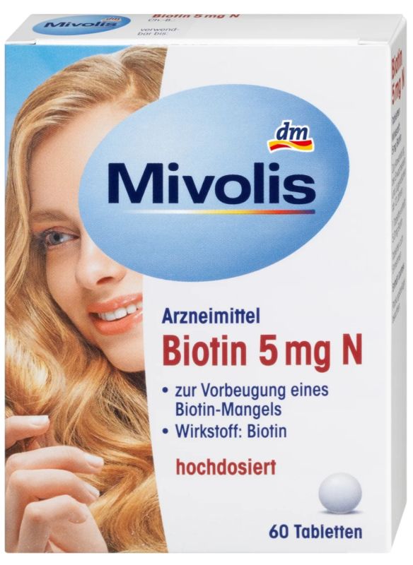 Миволис Таблетки Биотин 5 мг для здоровых волос, кожи и ногтей, Mivolis Biotin 5 мг 60 табл. Германия